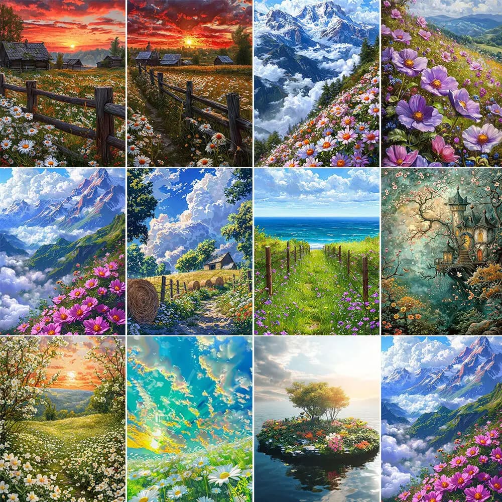 Flowers Mountain Picture Number Drawing Canvas Painting For Bedroom Wall Adults Diy Acrylic Paint By Numbers Home Decoration