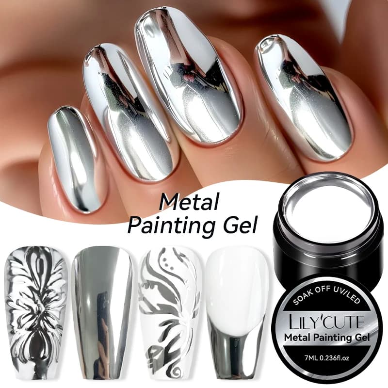LILYCUTE 7ML Gel per pittura metallizzata Cromo Argento Effetto specchio Smalto per unghie Super Bright Line Drawing French Nail Art Varnish