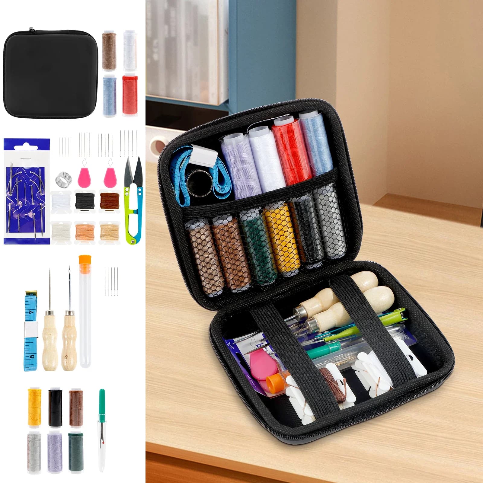 Kit da cucito per riparazione tappezzeria in pelle, kit da cucito resistente con punteruolo da cucito, scarificatore di cuciture, aghi da cucito per cucire a mano in pelle