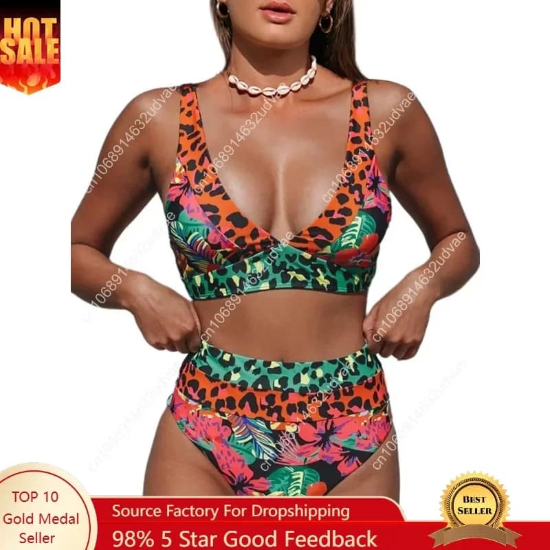 Hilinker Women's Leopard Bikini Swimsuits V Neck High Waisted 2 Piece Bathing Suits