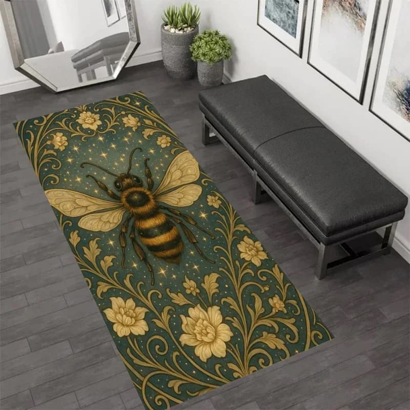 Long Vintage Bee Floral Runner Area Rug Carpet, Non Slip Floor Mat, Green Gold Art Print Washable Kitchen Rug Entryway Runner