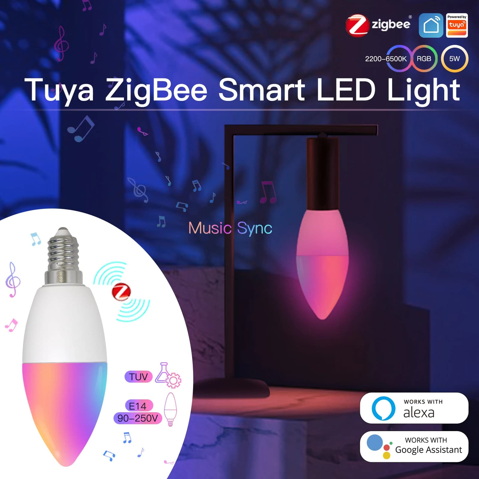 MOES Zigbee Lampadina LED E14 Lampada a candela Smart 5W RGBCCT 2200-6500K Dimmerabile Tuya Alexa Google Controllo vocale