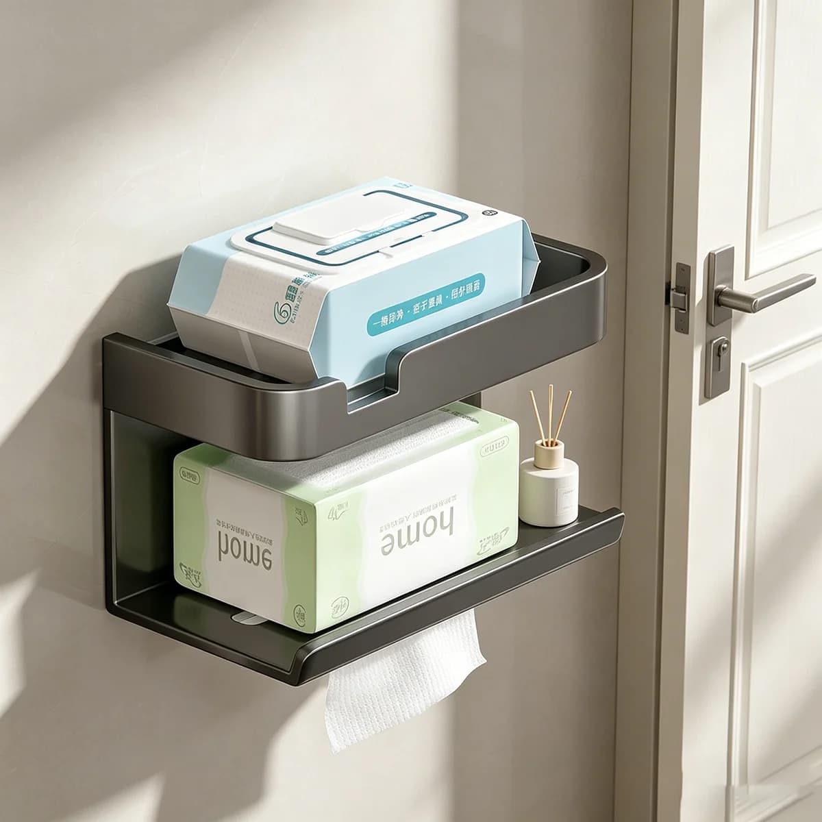 Organizzatore per Carta Igienica da Parete Grigio, Mensola Impermeabile a 2 Livelli Senza Foratura per Carta Igienica e Salviette, Stile Moderno