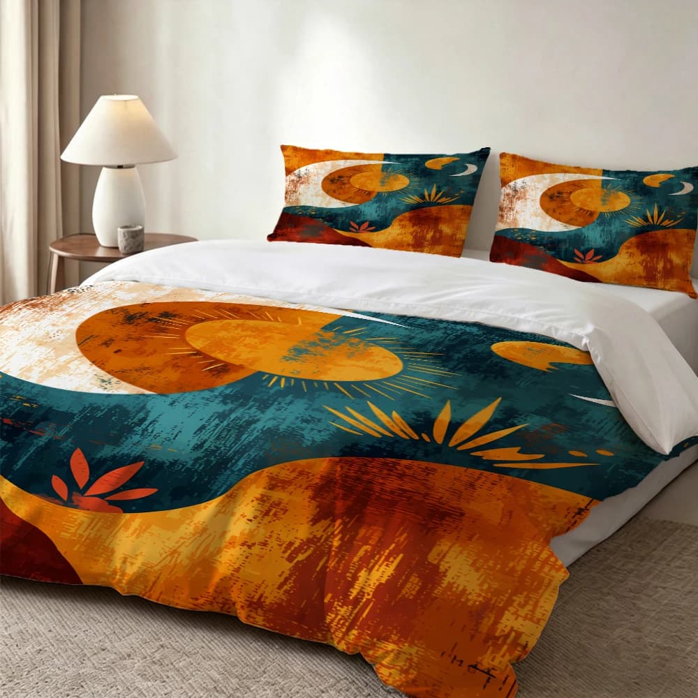 Set di biancheria da letto con stampa digitale ad alta definizione, set copripiumino con motivo artistico astratto vintage con sole, luna e stelle, set copripiumino con stampa floreale di grandi dimensioni, include 1 copripiumino + 2 federe, adatto per camera da letto, camera degli ospiti, decorazione domestica, set copripiumino + federa in fibra di poliestere, set tre pezzi, biancheria da letto ultra morbida, tessuto spesso, adatto a tutte le stagioni, lavabile in lavatrice, 3 pezzi