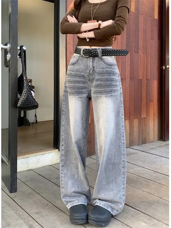 Jeans American Wash a Vita Alta e Gamba Larga da Donna, Nuovo Stile Primavera 2026, Pantaloni Lunghi Comodi e Casual con Effetto Snellente