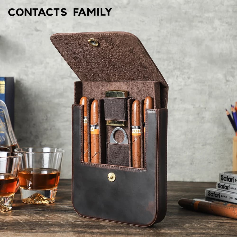 CONTACT'S FAMILY Genuine Leather Cigar Humidor Box Travel Cigar Case for 4 Cigars Lighter Cutter Storage Smoking Accessories