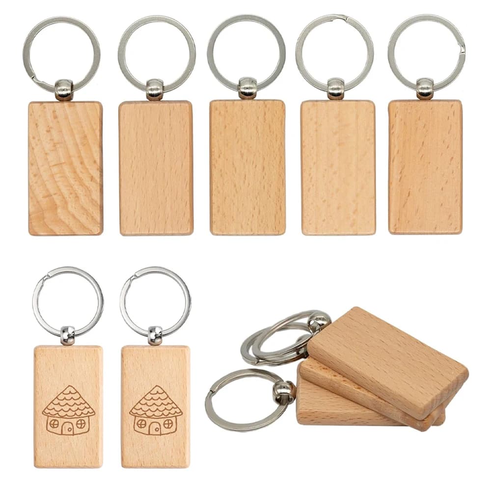 5 pieces of unfinished rectangular round wooden key rings empty spaces laser engraving key rings for diy identification labels handcrafted gifts hanging supplies