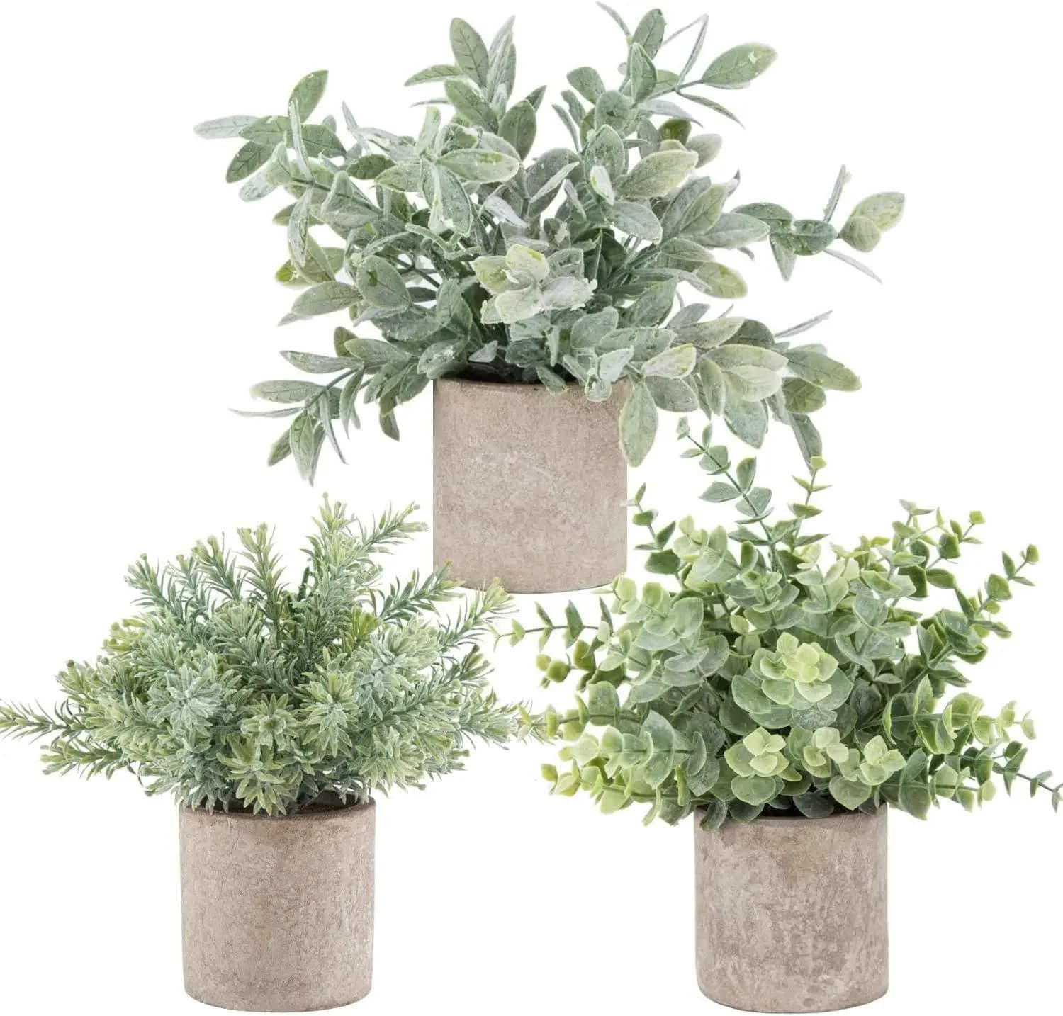 Pack of 3 mini potted fake plants, artificial plastic eucalyptus plants, home topiaries, office, desk, farm room, bathroom furniture