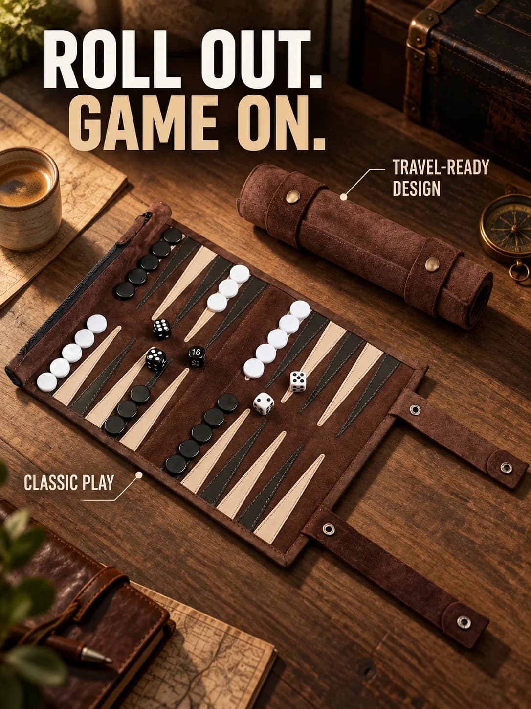 Portable Roll-Up Backgammon Set with Zipper Storage, Compact Travel Board Game for Home, Camping and Trips