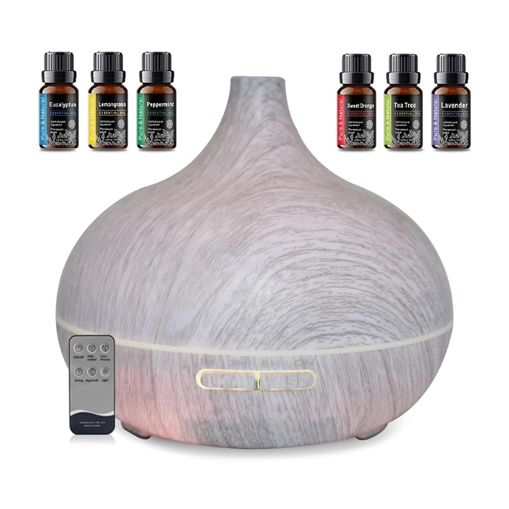 Diffusore di oli essenziali con venature del legno da 550 ml con telecomando, 6 oli, spegnimento automatico silenzioso per casa, ufficio e yoga