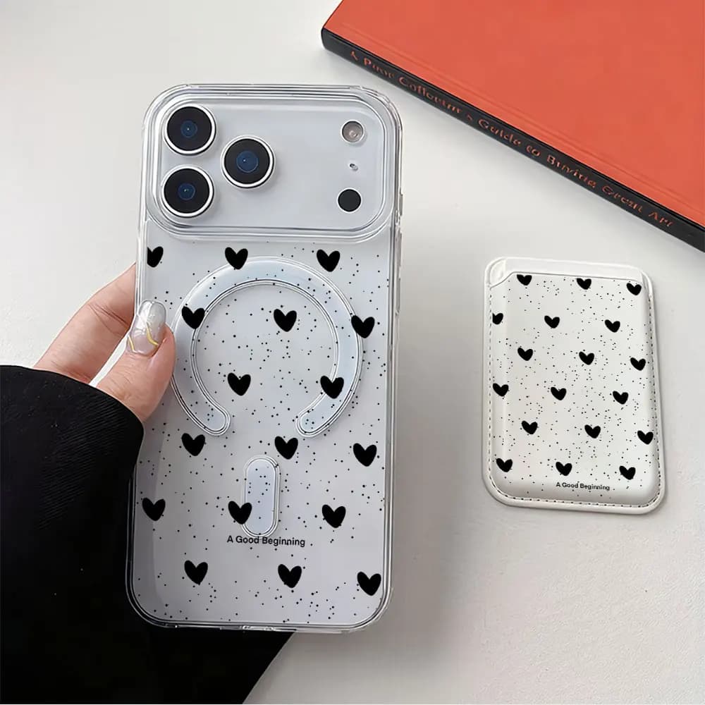 Full screen Polka Dot Heart For Magsafe wallet Magnetic Card holder Phone Case For iPhone 12 14 1716 13 16 15 Pro Max 16E Cover