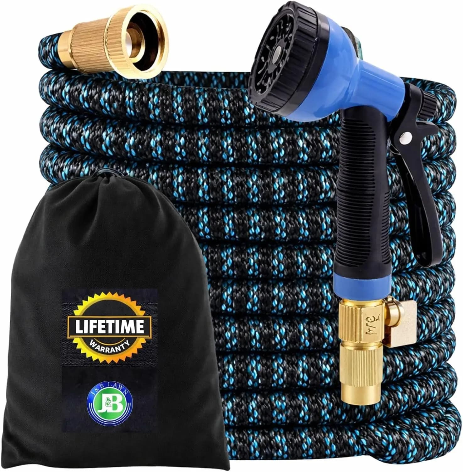 XpandaHose 75-foot expandable garden hose with support - 3750D durable, 4-layer latex core, brass connectors, 10 nozzles, blue