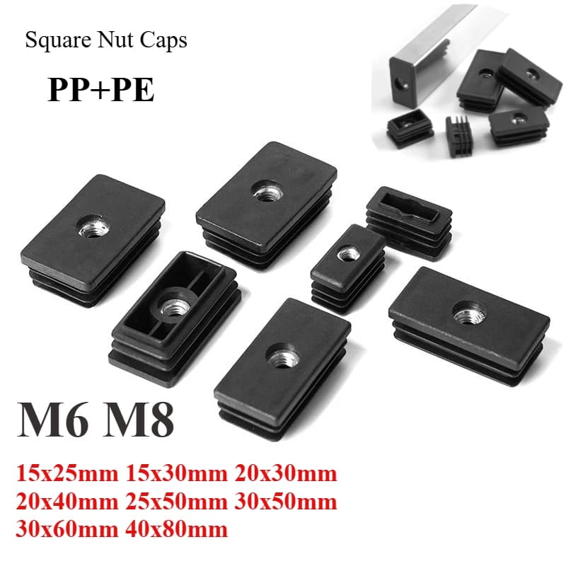 5/20 Pezzi Tappi Quadrati in Plastica Nera M6 M8, Piedini Regolabili a Vite, Tappi per Gambe di Mobili 15 20 25 30 40 50 60 80mm
