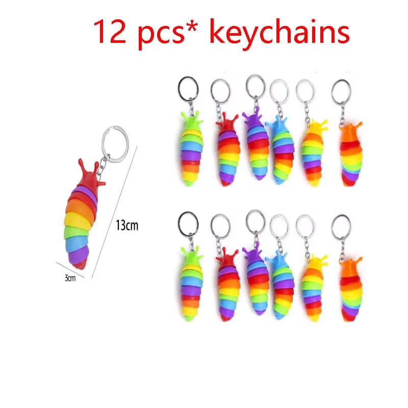 12 pezzi Rainbow Slug Caterpillar Mini portachiavi Fidget decompressione per bambini adulti Slug Spremere giocattoli