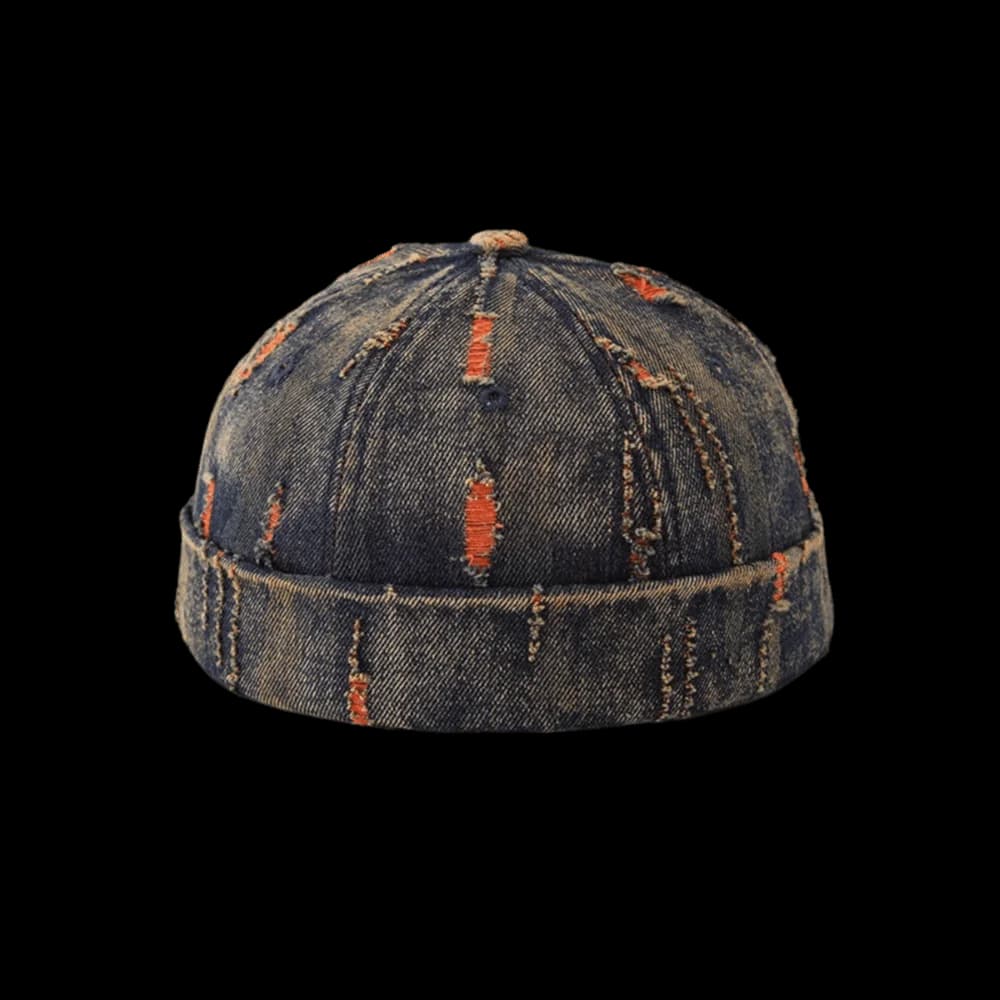 Broken Denim Docker Cap Cotton Polyester Blend Frayed Edges Distressed Denim Hat Graffiti Print Without Visor Adjustable