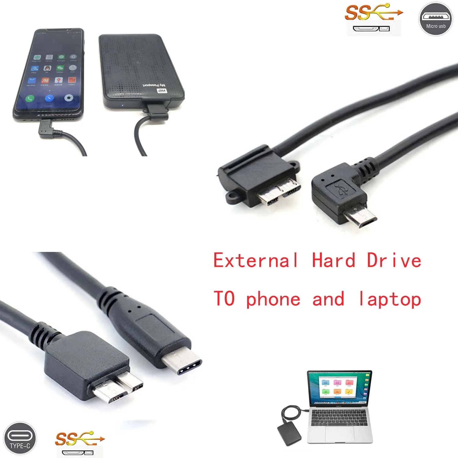 Cavo connettore USB-C e Micro USB 2.0 a USB 3.0 Micro B da telefono a disco rigido esterno per HDD PORTATILI da 2.5 e 3.5 pollici