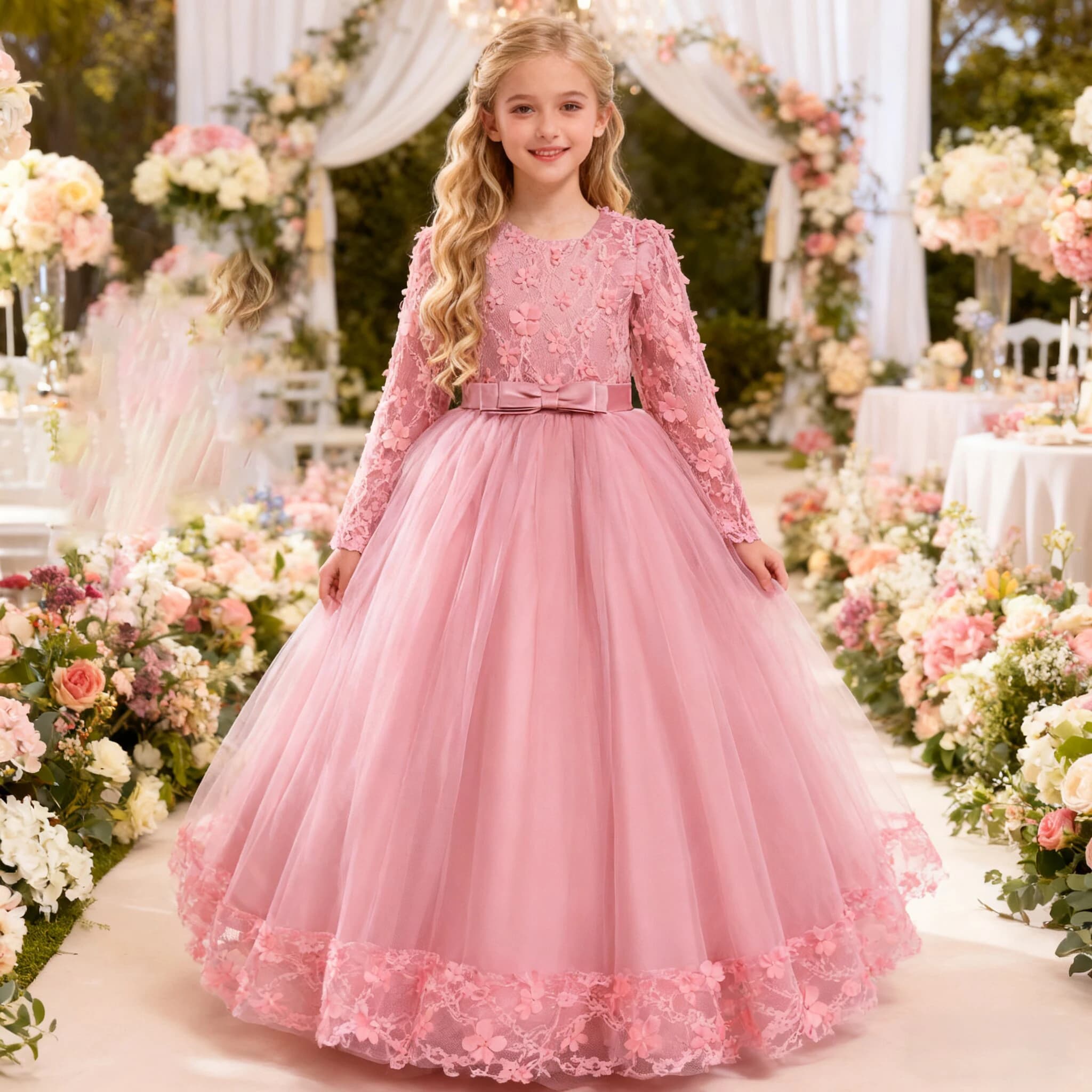 Abito da damigella personalizzato con fiori per bambine, vestito da principessa in pizzo con fiocco per Natale, abiti da festa per bambine, abito da sposa per bambina