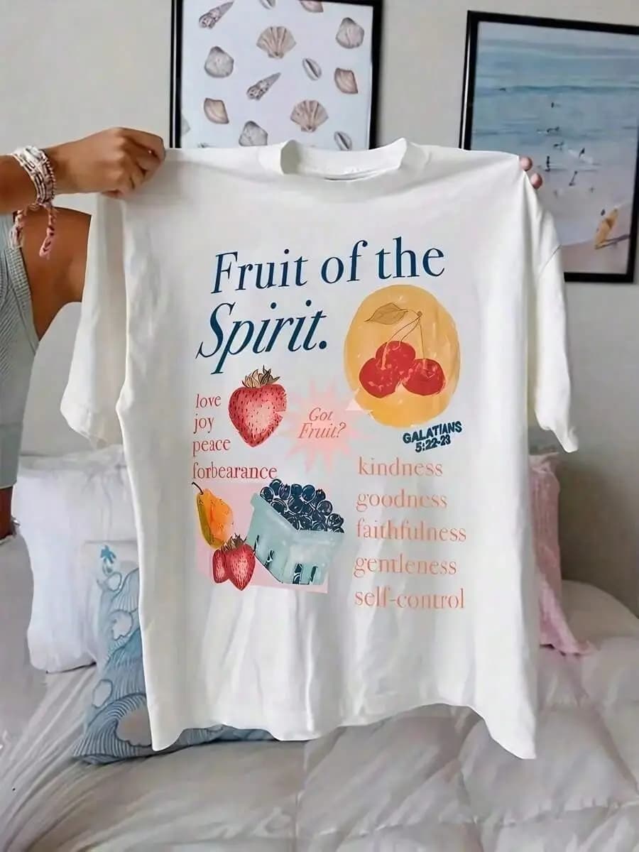 Shirt Women s Fruit Print Round Neck T-Shirt - Soft Casual Short Sleeve Top With Inspirational Fruit Of The Spirit Design, Vibrant Strawberry Blu