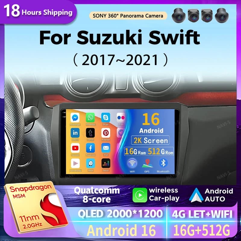 Android 16 Multimedia Player For Suzuki Swift 2017-2021 Carplay Android Auto Radio Car Radio 4G WiFi GPS DTS DSP 48EQ 2 Din DVD