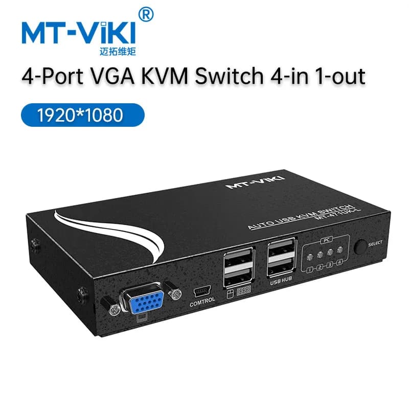 MT-Viki Switch KVM USB automatico a 4 porte Hotkey Seleziona con cavi originali Risoluzione involucro metallico Gestisci PC Invia cavo MT-471UK-L