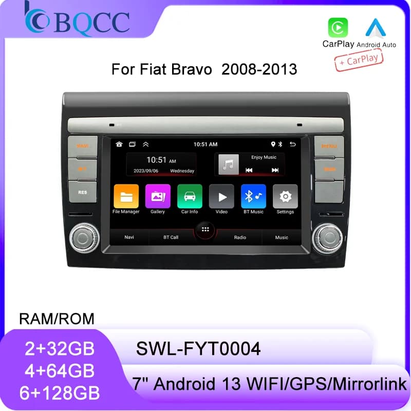 BQCC Per Fiat Bravo 2008-2013 7 "Android 13 Mirrorink Wifi GPS Quad/Octa Core USB RDS Radio FM BT Wireless Carplay Cartereo Per Auto