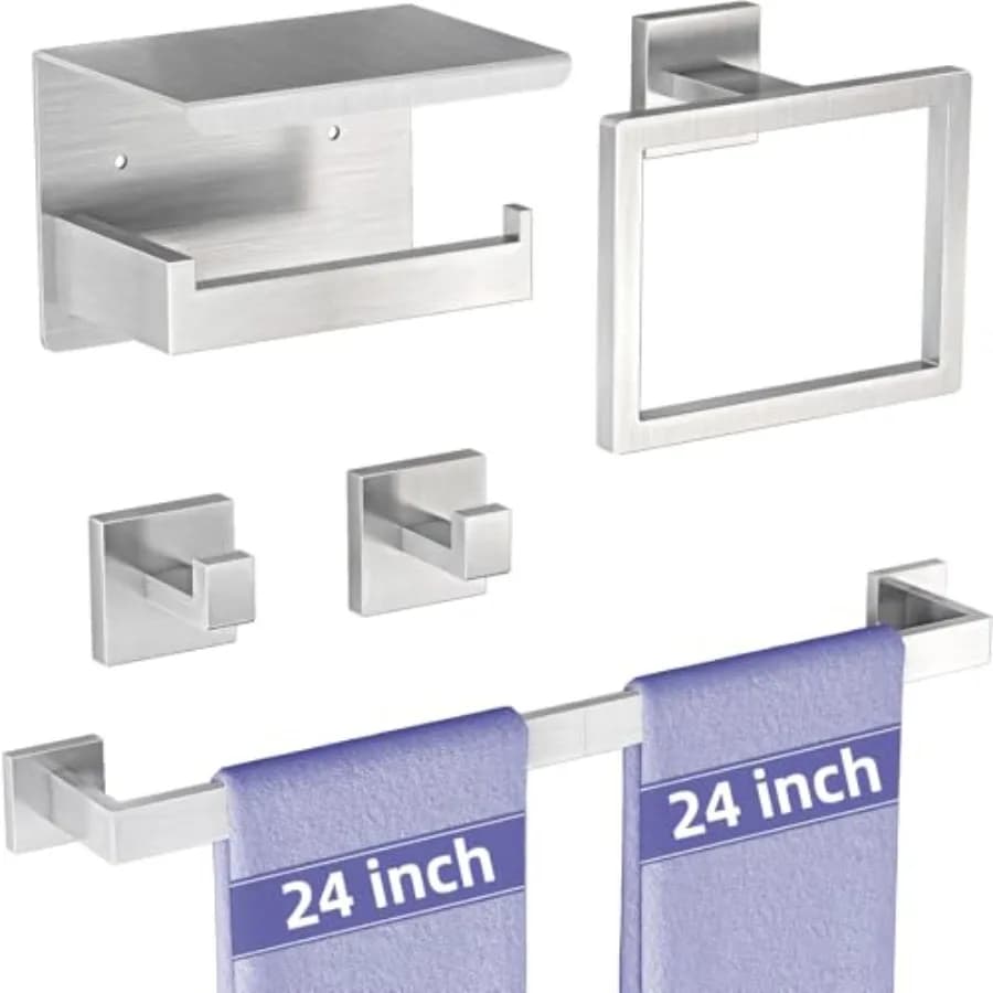Set di 5 Accessori per Bagno, Portasciugamani in Acciaio Inox da 24 Pollici, Set con Barra Portasciugamani, Anello Portasciugamani e Gancio Appendiabiti