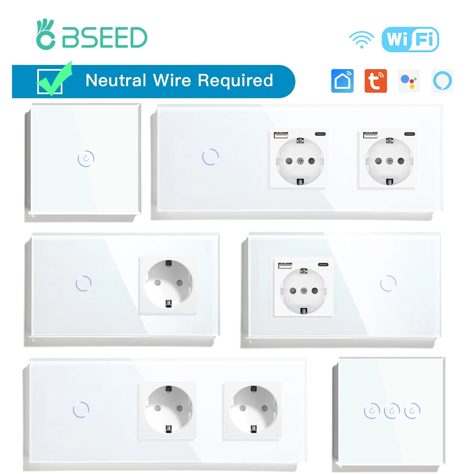BSEED WIFI 1/2/3Gang 1/2/3way Light Switch Smart Wall Touch Switch Smart Life APP Glass with normal EU socket without Wifi