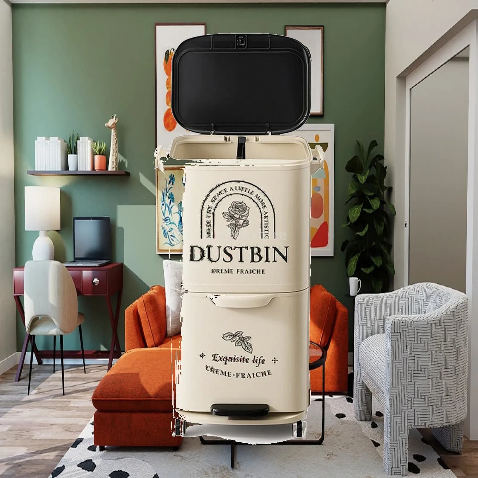 Dual Compartment Trash Can Space-Saving Trash Bin with Foot Pedal Garbage Can with Wheels Slim Wastebasket Easy-Clean