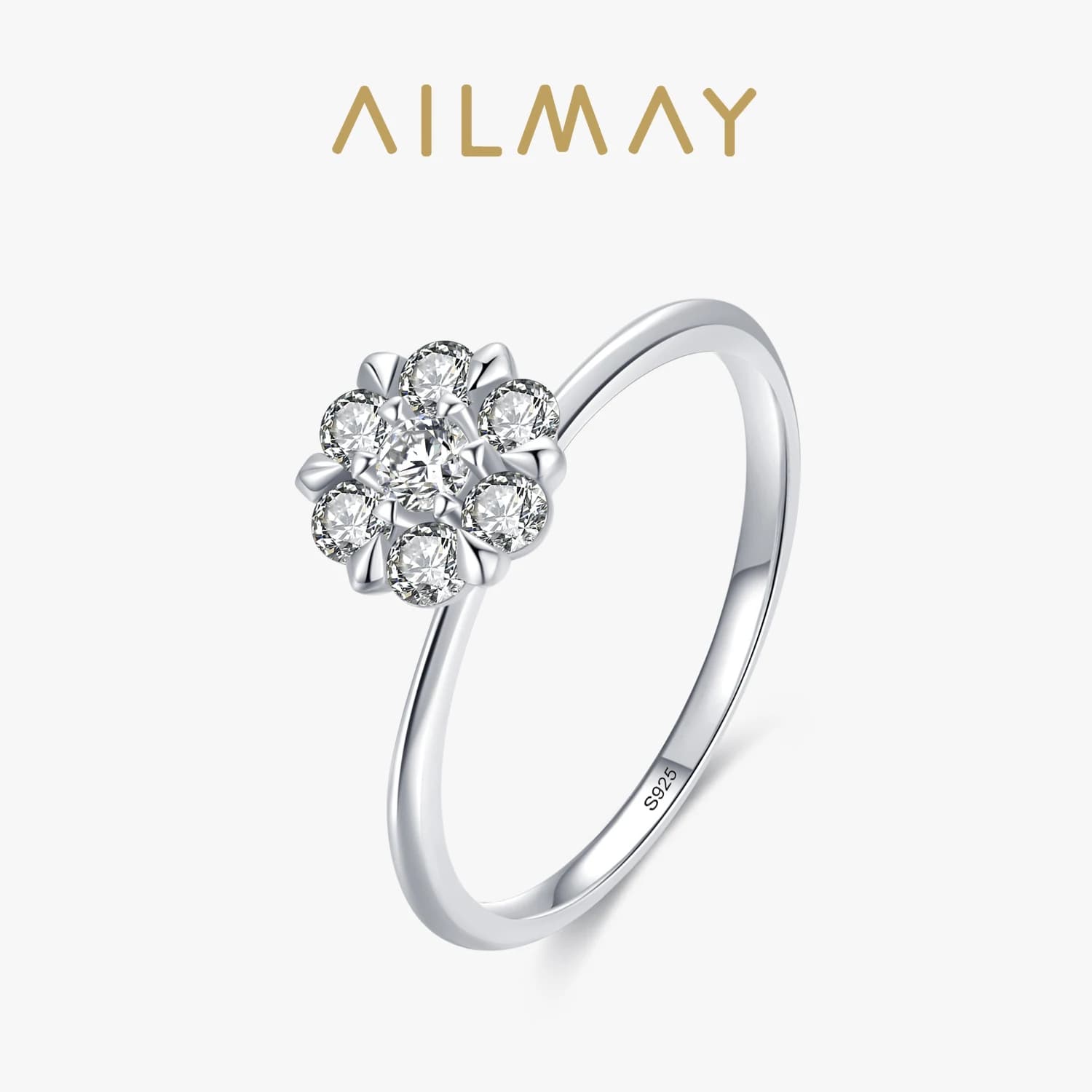 Ailmay 100% 925 Sterling Silver Classic Simple Clear CZ Flower Wedding Rings For Women Engagement Statement Fine Silver Jewelry