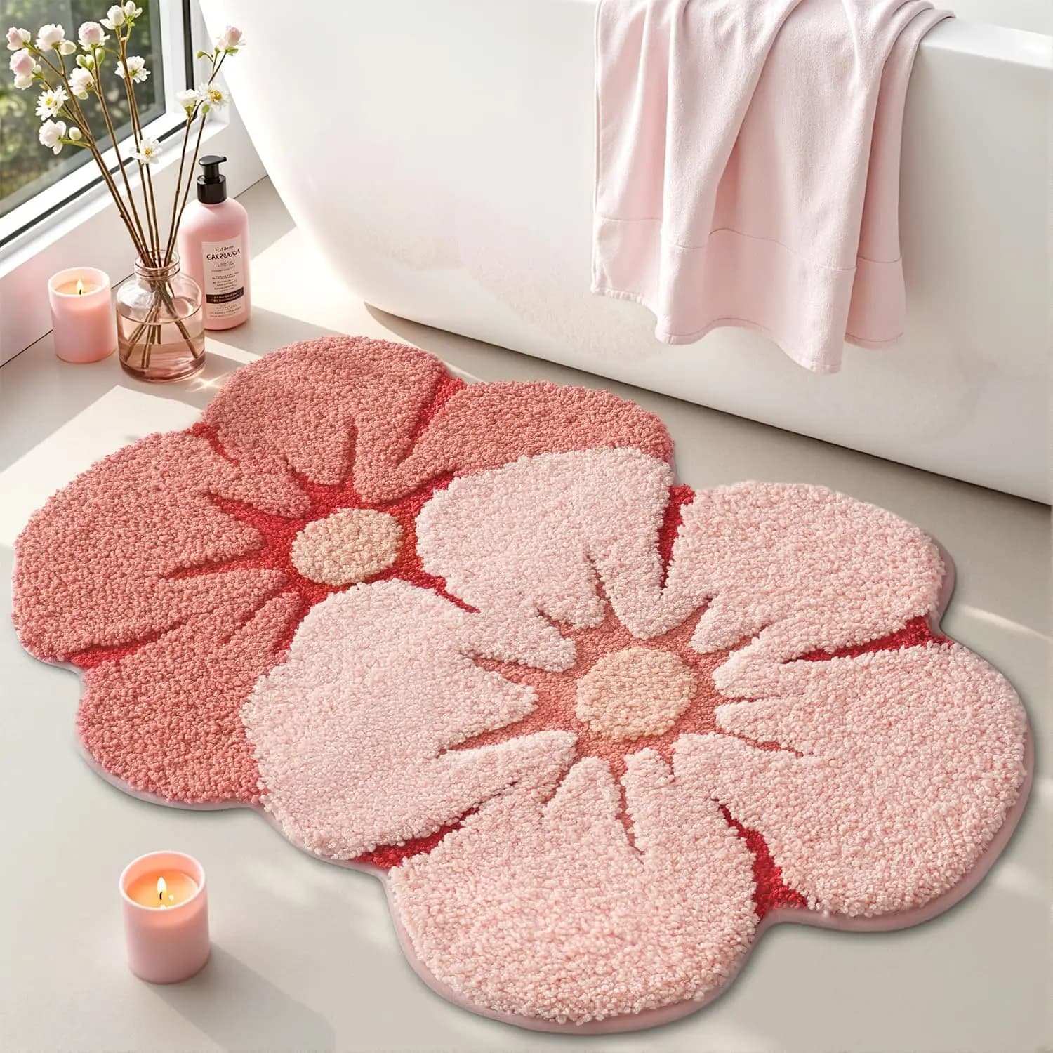 Tappeto da bagno a forma di fiore, divertente tappetino floreale, morbido tappeto rosso in peluche, assorbente, antiscivolo per bagno, lavello della cucina, camera da letto