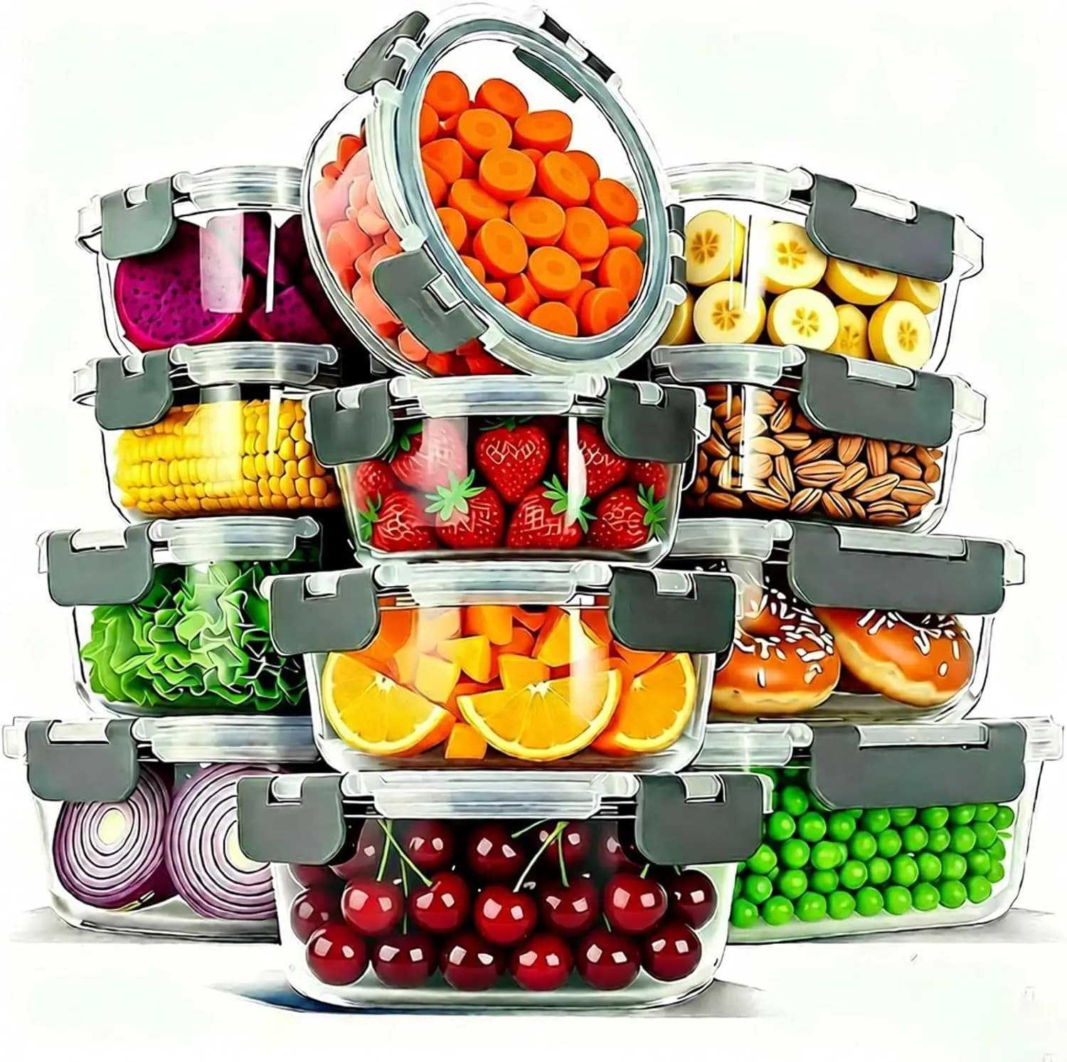 Set di 12 Contenitori in Vetro Ermetici per Alimenti con Coperchi, Adatti per Microonde, Forno, Congelatore e Lavastoviglie, Impilabili per Preparazione Pasti