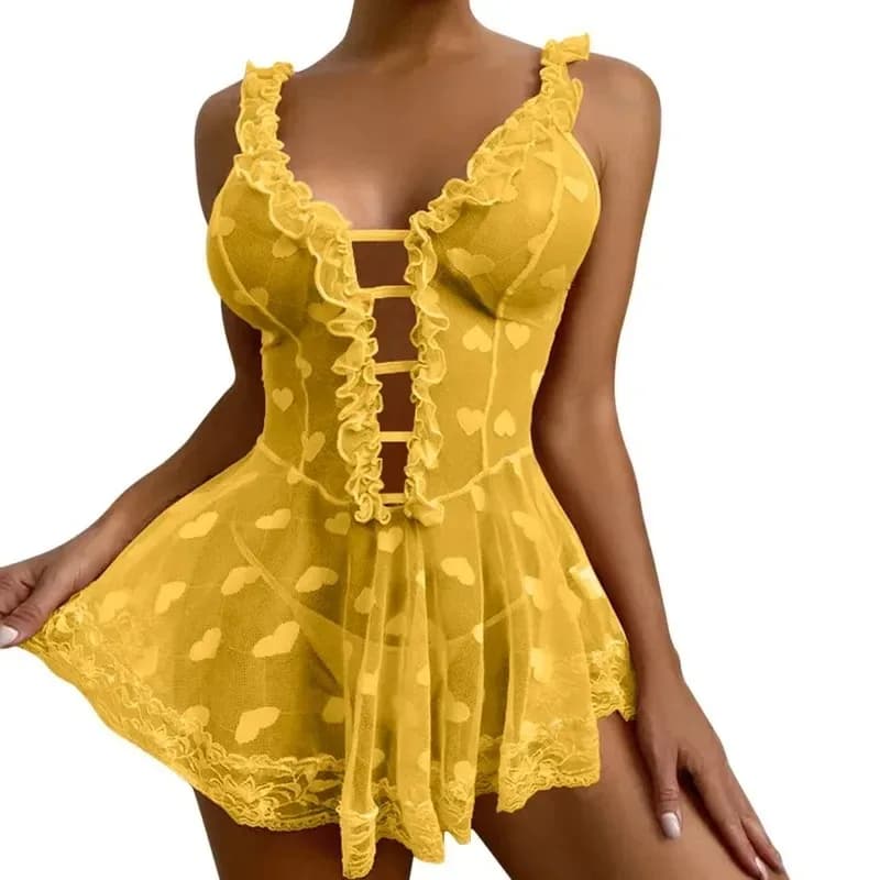 Camicia da Notte per Donne, Lingerie Romantica, Abito in Pizzo, Reggiseno Aperto, Pigiama in Rete Trasparente, Costume, Body, Minigonna Corta