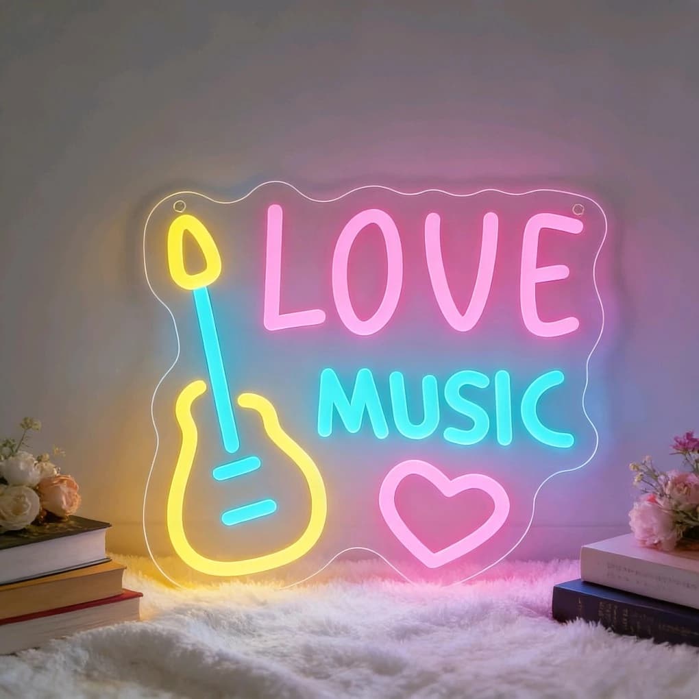 Insegna LED Neon 'Love Music Guitar' Rosa Blu Giallo per Camera da Letto, Casa, Bar, Caffè, Decorazione Murale, Regalo per Musicisti, Coppie, Arredamento Romantico