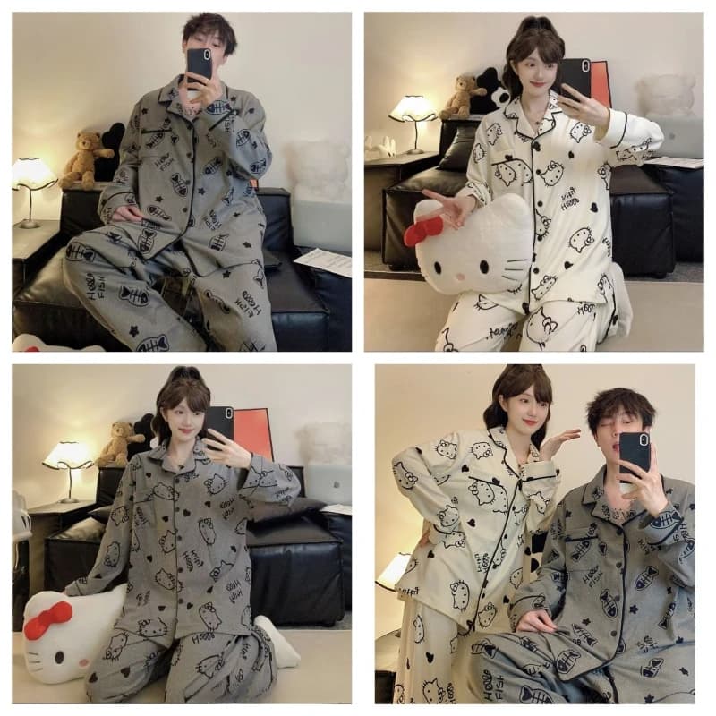 New coordinated pajamas Hellokitty for couples Sanrio Cat Fish Spring Autumn Cartoon long sleeves student pants home dress set