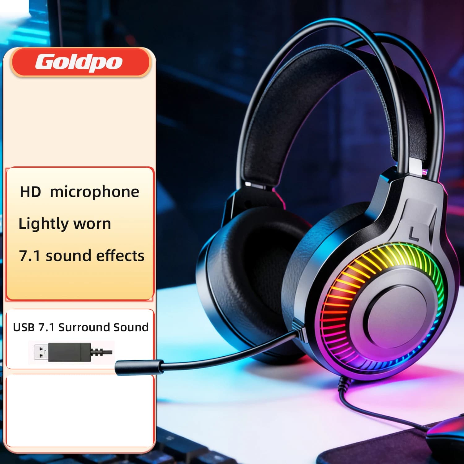 Cuffie da gioco Goldpo G20 per PC/PS4/PS5 Cuffie da gioco RGB surround 7.1 Cuffie da gioco USB cablate con microfono con cancellazione del rumore