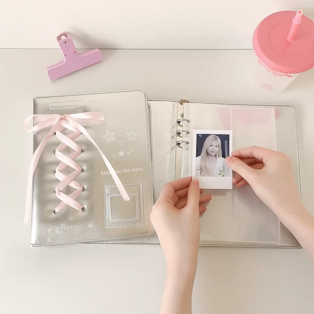 Balletcore A5/A7 Binder Notebook Cover Bow Silk Ribbon Loose Leaf Photo Album Cover PU Leather 6 Ring Binder Photocard Cover