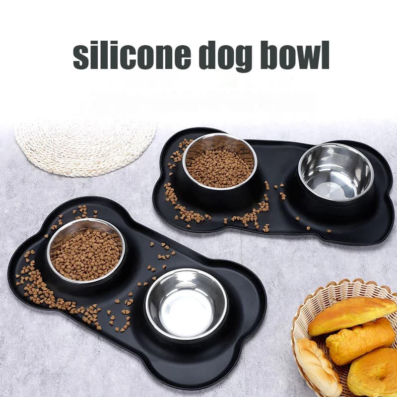 Antislip Double Dog Bowl With Silicone Mat Durable Stainless Steel Water Food Feeder Pet Feeding Drinking Bowls for Dogs Cats