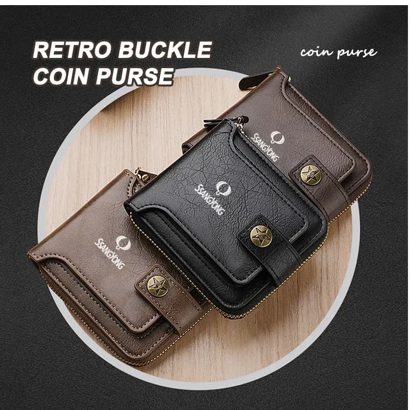 Retro PU Leather Car Buckle Short Coin Purse Credit Card Wallet For SsangYong Actyon Sport Korando Rexton Kyron Rodius Tivoli