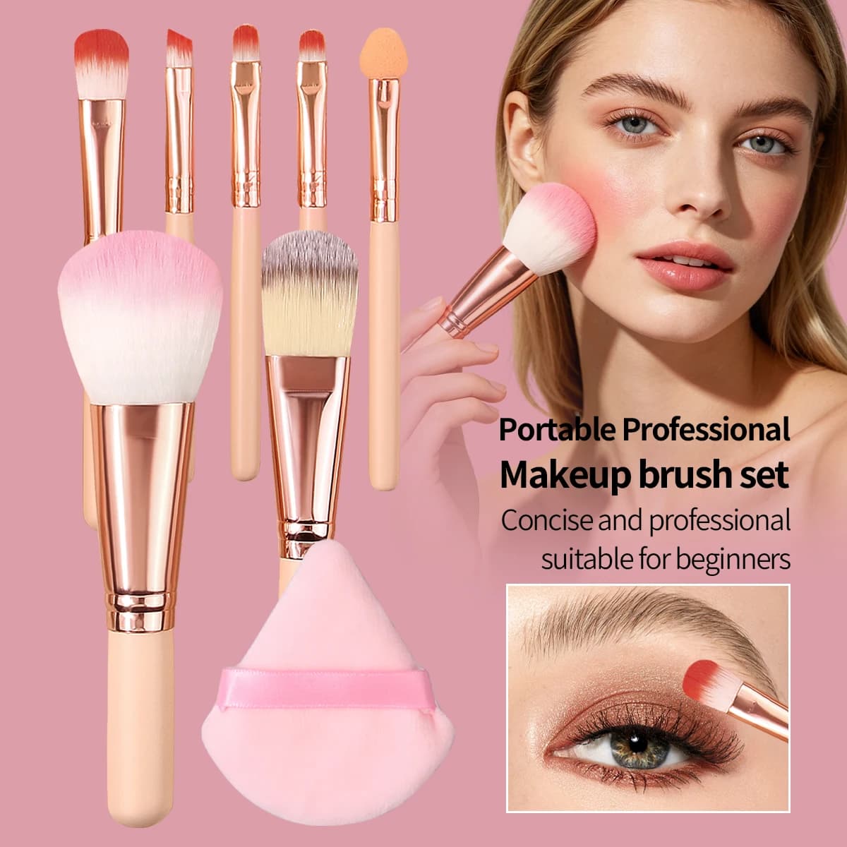 Set di 8 Pennelli da Trucco Portatili con Spugnetta, Pennelli Rosa Sfumati per Fondotinta, Ombretto e Blush, Adatti per Principianti