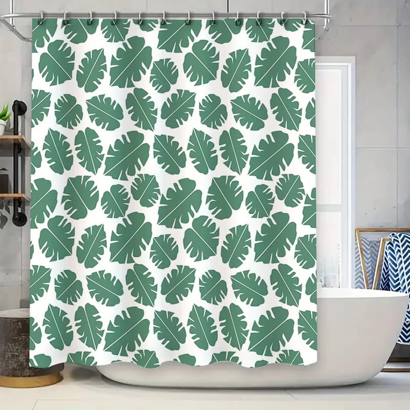 Tenda da doccia verde foglia di palma con motivo sfondo bianco Tappetino da bagno impermeabile Decor Fodera per bagno di casa Dimensioni 72x84 pollici Fre