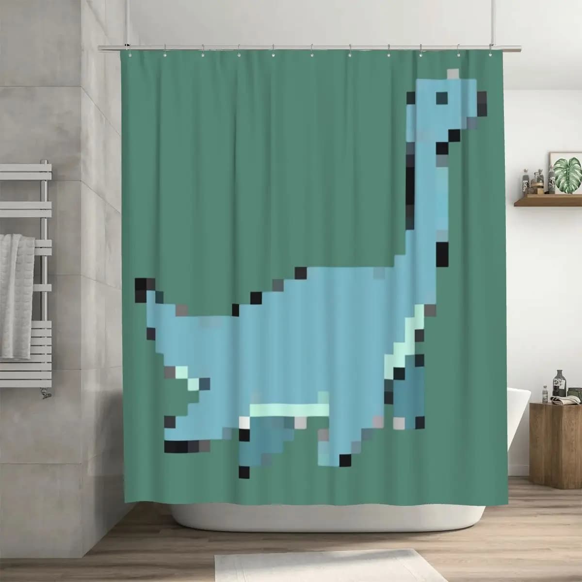 Tenda da doccia pixelata con dinosauri, in poliestere impermeabile, con ganci