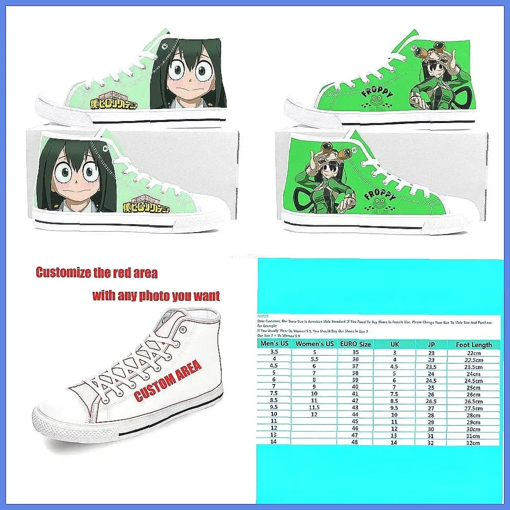 **My Hero Academia Cartoon Asui Tsuyu High Top Canvas Sneakers, Unisex Couple Shoes Custom**