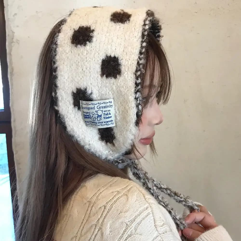 Paraorecchie con cinturino in lana a pois Doppio lato Addensare Scalda orecchie lavorato a maglia Cinghia di protezione per le orecchie Fasciatura tinta unita Earlap Ragazze