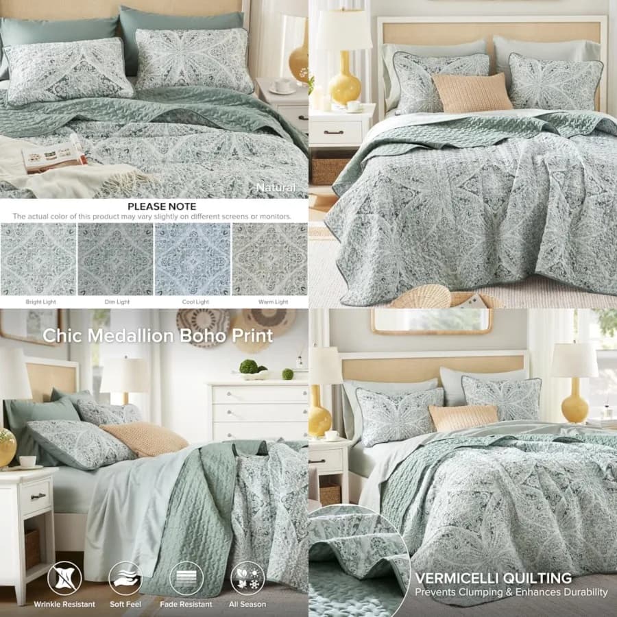 Set Copriletto Boho Queen Reversibile con Trapuntatura Vermicelli, per Letto Queen Size, Tutte le Stagioni, Leggero, Copriletto Invernale, Sha