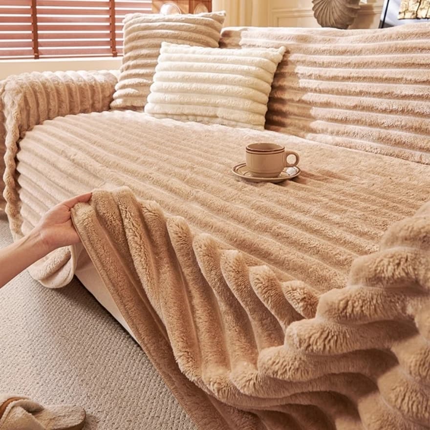 Fluffy Warm Stipe Flannel Soft Sofa Towel, Solid Colour Multiuse Sofa Leisure Nap Blanket for Living Room Couch Cover