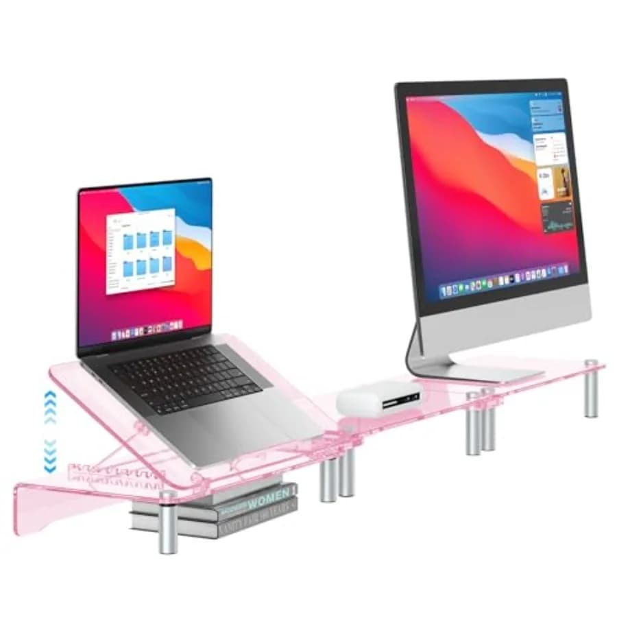 Supporto Ergonomico Rosa in Acrilico per Doppio Monitor con Rialzo Regolabile per Laptop, Compatibile con Stampanti Desktop, TV e Altri Dispositivi