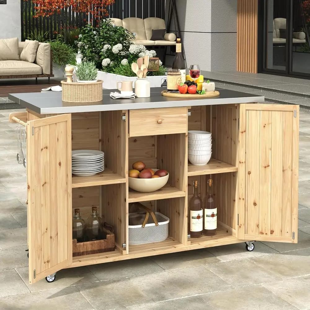 Tavolo da Esterno in Acciaio Inossidabile con Griglia, Isola Cucina in Legno con Spazio Contenitore, Carrello Bar Mobile con Porta Spezie, Porta Asciugamani e Portabottiglie