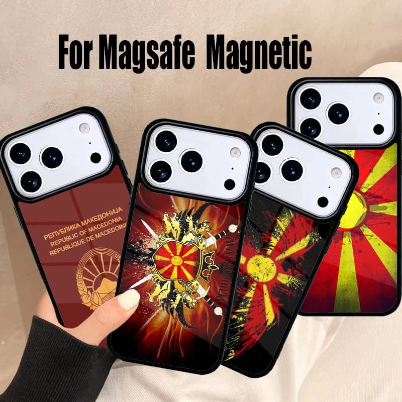 Custodia per telefono Macedonia Passport per iPhone 17 Air 16e 15 14 13 12 11 Pro Max Plus Cover Magnetica Wireless Magsafe