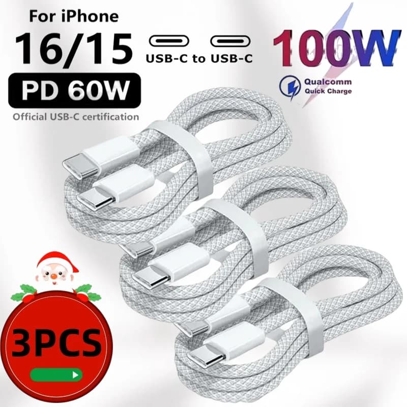 Il nuovo cavo USB C da 3 pezzi a caricatore di ricarica rapida da 100 W Il cavo USB C supporta la ricarica rapida per iPhone 16 15 Samsung Xiaomi Huawei ecc