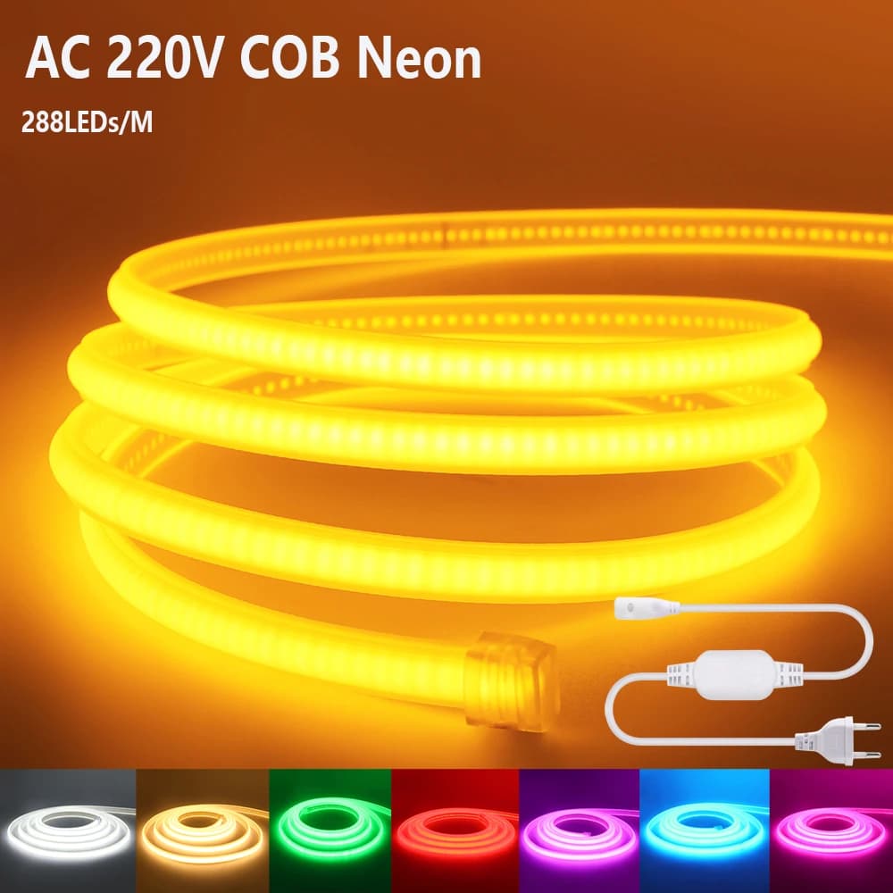 288 LED/M COB Striscia di luce al neon AC 220V Bianco Rosso Ghiaccio Blu Rosa Giallo Viola Verde Impermeabile Flex LED luminoso Nastro Decorazioni per la casa